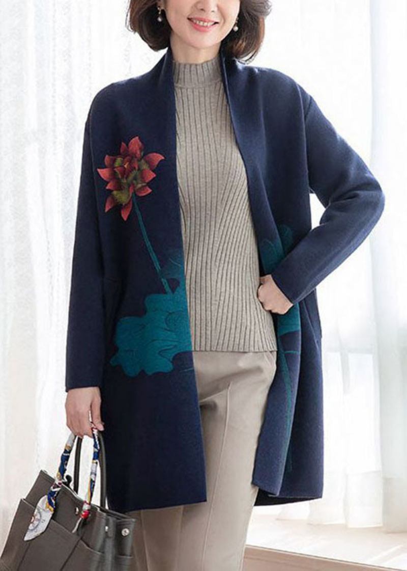 Moderne Strickjacke Aus Wolle Mit Blumenmuster Und Taschen In Marineblau Mit Langen Ärmeln - Damen-Cardigans