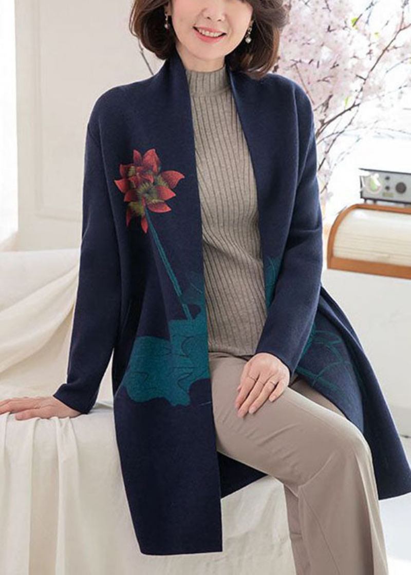 Moderne Strickjacke Aus Wolle Mit Blumenmuster Und Taschen In Marineblau Mit Langen Ärmeln - Damen-Cardigans