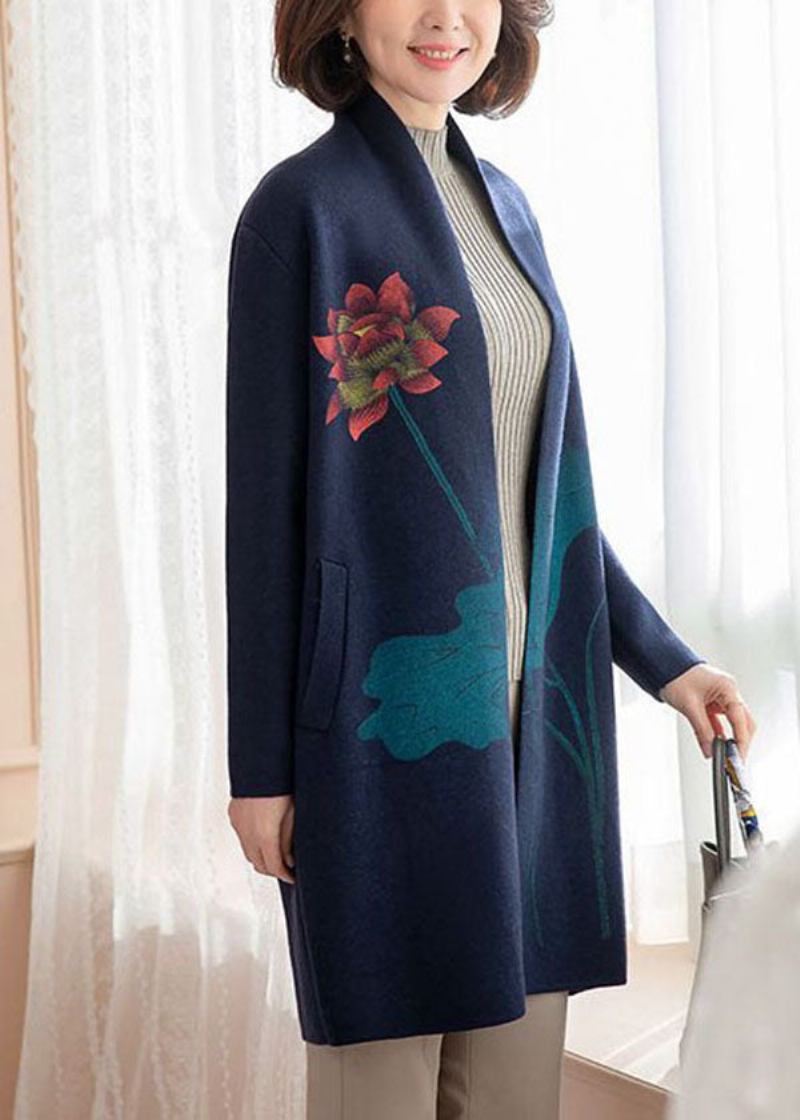 Moderne Strickjacke Aus Wolle Mit Blumenmuster Und Taschen In Marineblau Mit Langen Ärmeln - Damen-Cardigans