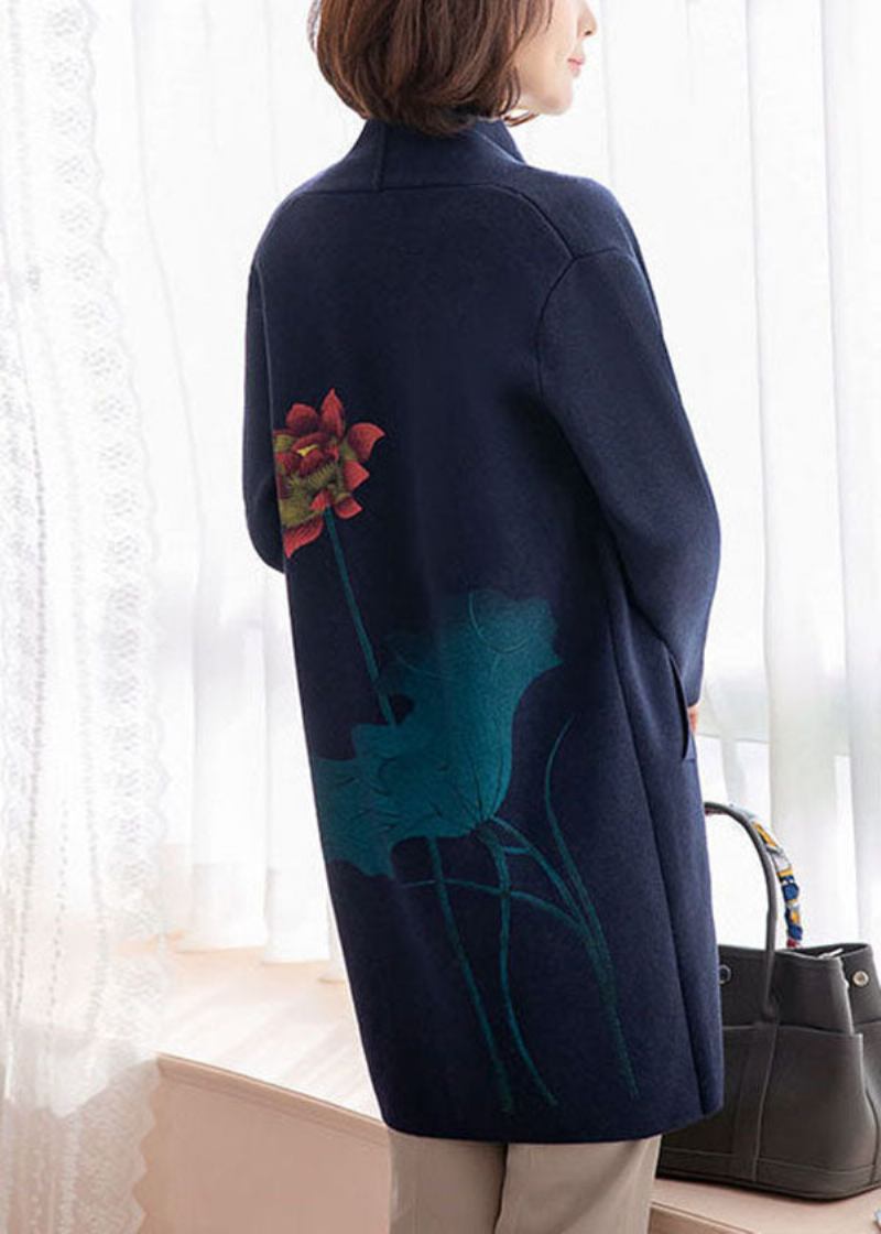 Moderne Strickjacke Aus Wolle Mit Blumenmuster Und Taschen In Marineblau Mit Langen Ärmeln - Damen-Cardigans