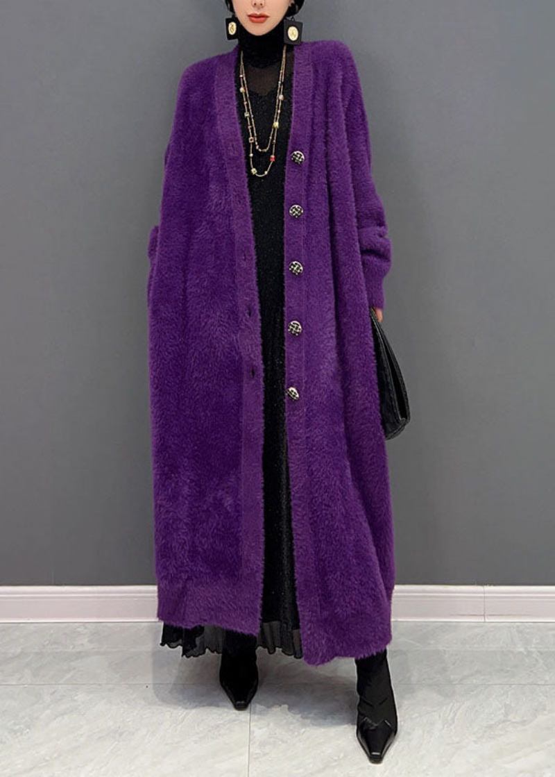 Moderne Übergroße Violette Strickjacke Aus Dickem Nerzhaar Mit V-ausschnitt In Übergröße Für Den Winter