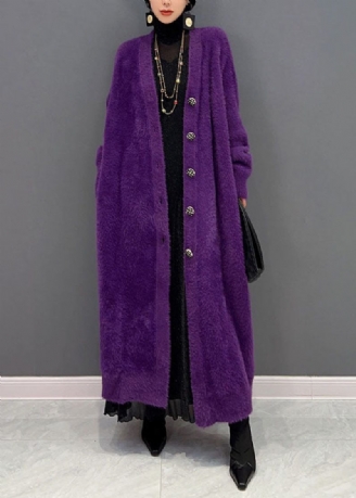 Moderne Übergroße Violette Strickjacke Aus Dickem Nerzhaar Mit V-ausschnitt In Übergröße Für Den Winter