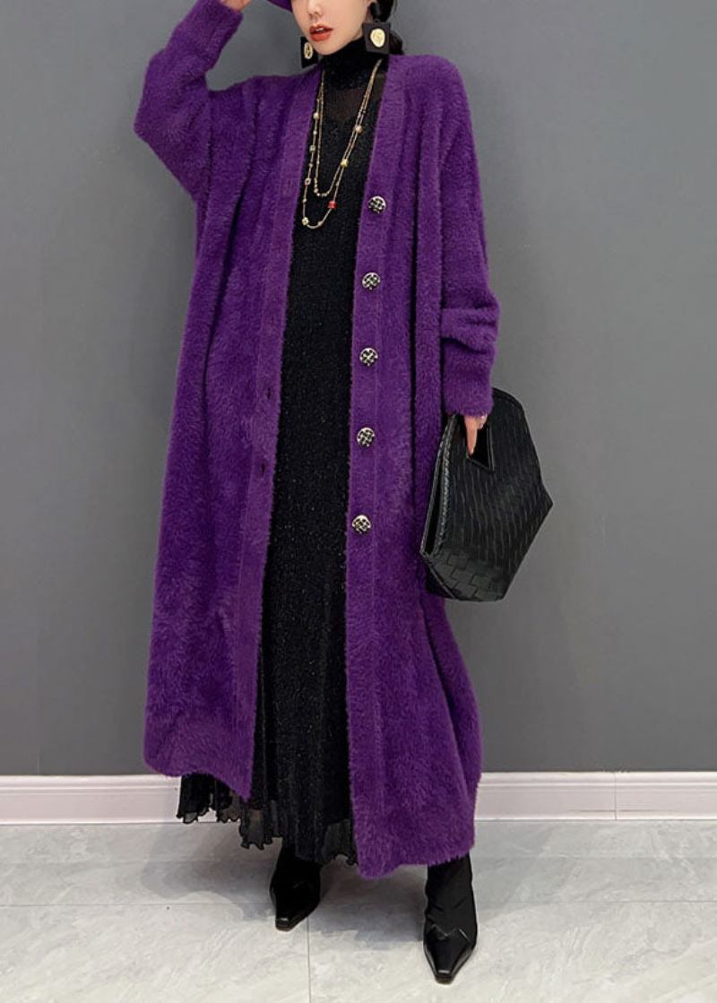 Moderne Übergroße Violette Strickjacke Aus Dickem Nerzhaar Mit V-ausschnitt In Übergröße Für Den Winter - Damen-Cardigans