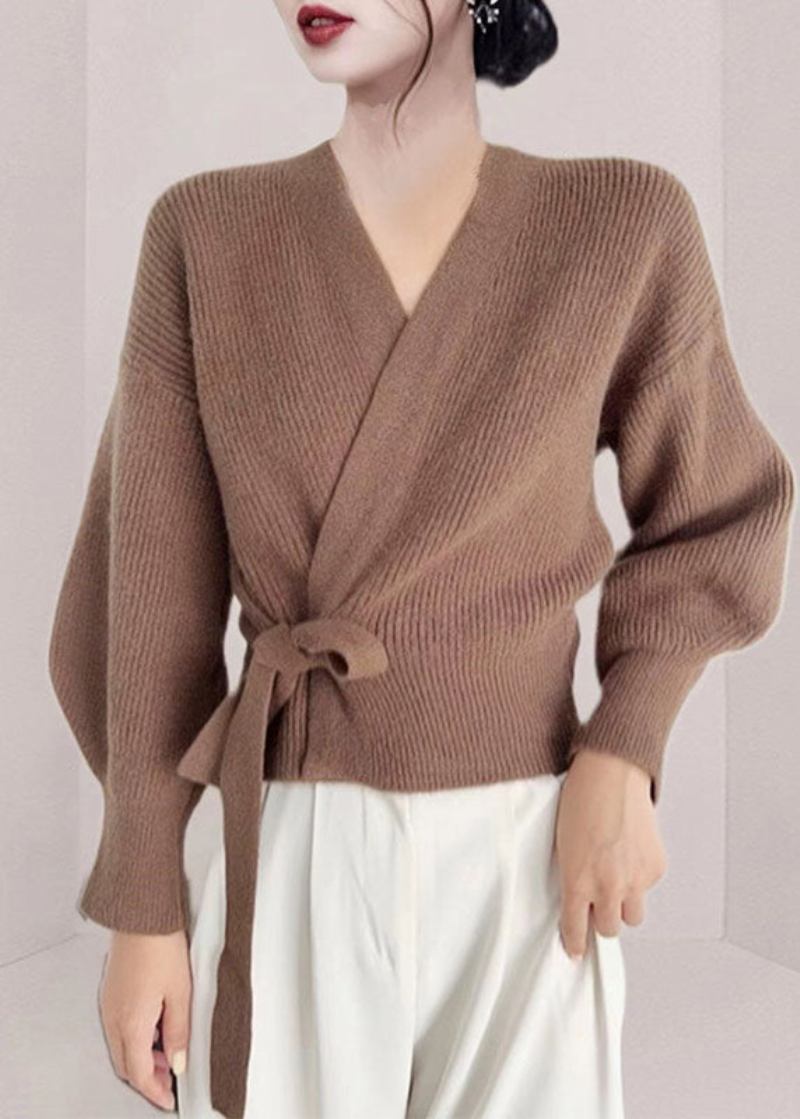 Moderner Grüner Strickcardigan Aus Wolle Mit V-ausschnitt Und Bindegürtel Für Den Frühling - Damen-Cardigans