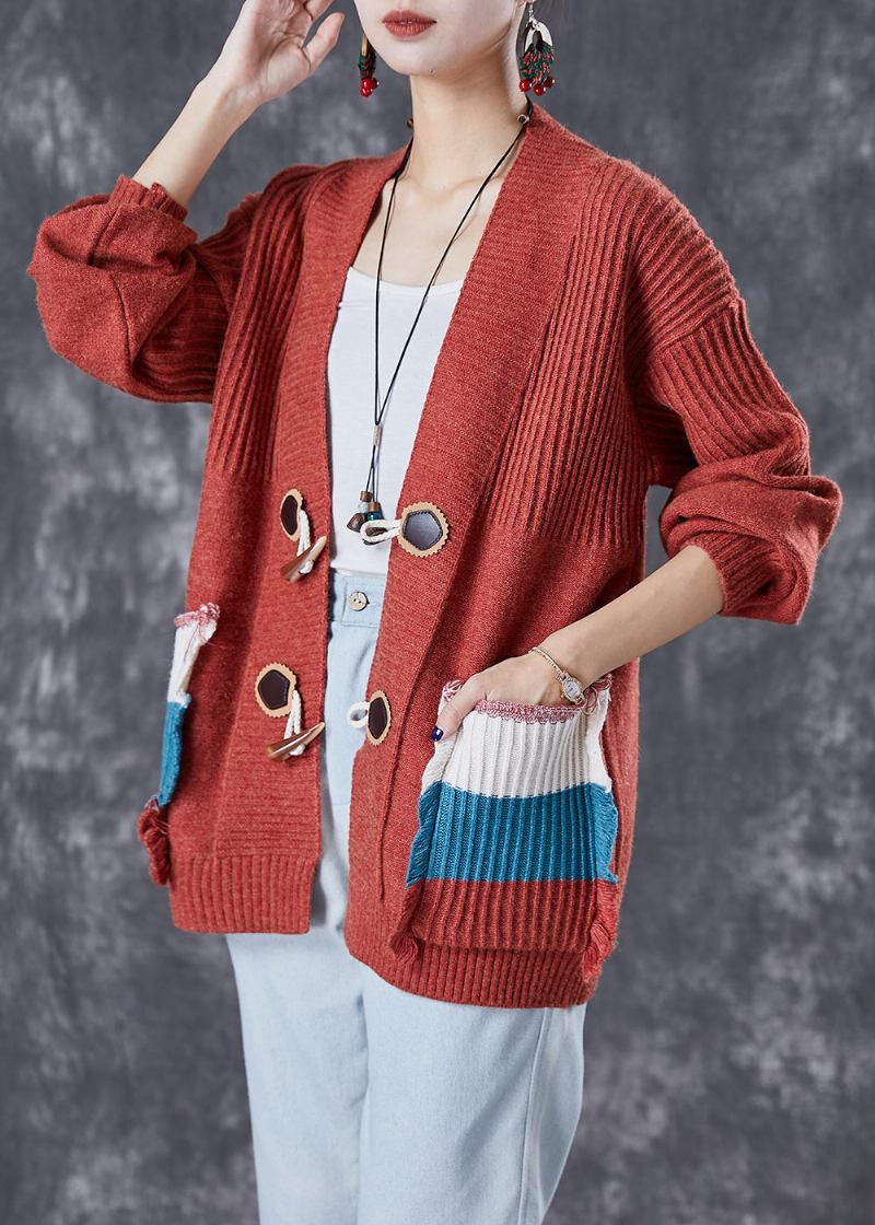 Modische Rote Strickjacke Mit Übergroßen Patchworktaschen Für Den Herbst - Damen-Cardigans