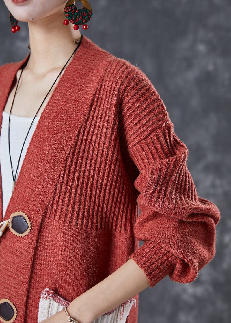 Modische Rote Strickjacke Mit Übergroßen Patchworktaschen Für Den Herbst - Damen-Cardigans