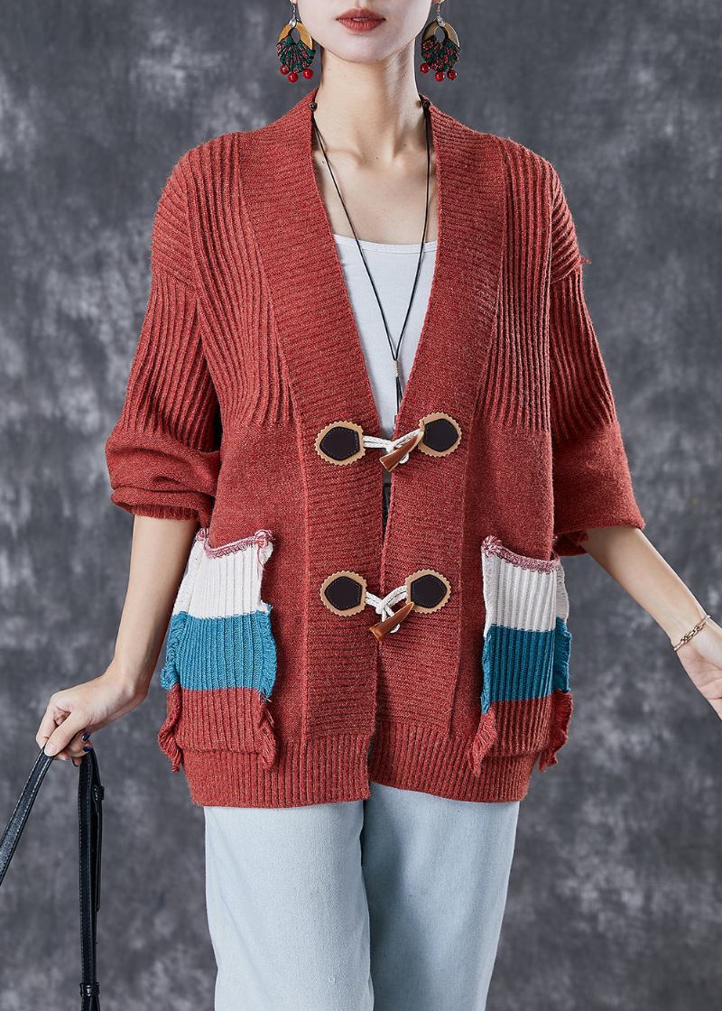 Modische Rote Strickjacke Mit Übergroßen Patchworktaschen Für Den Herbst - Damen-Cardigans