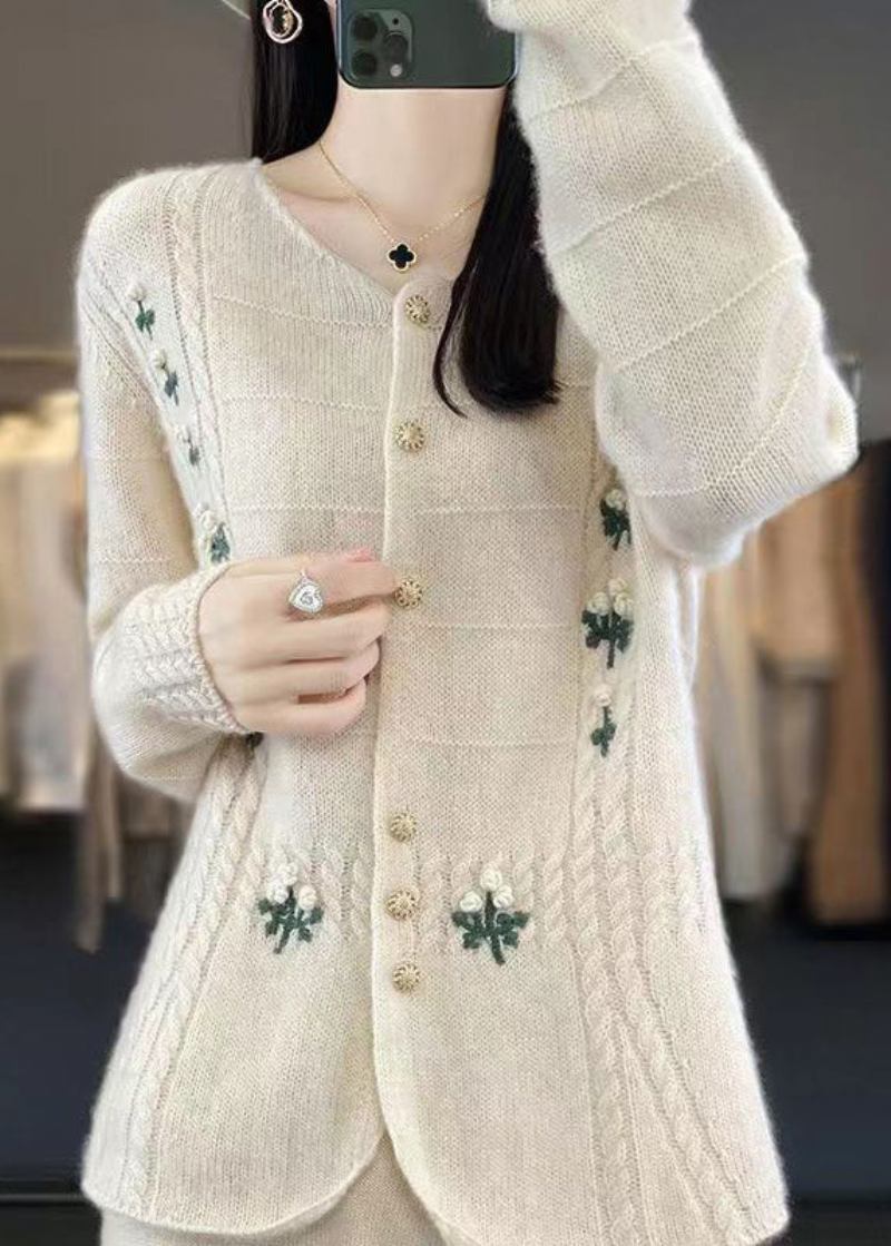 Neue Beige Bestickte Patchwork-strickmäntel Aus Kaschmir Mit Knöpfen Herbst - Damen-Cardigans