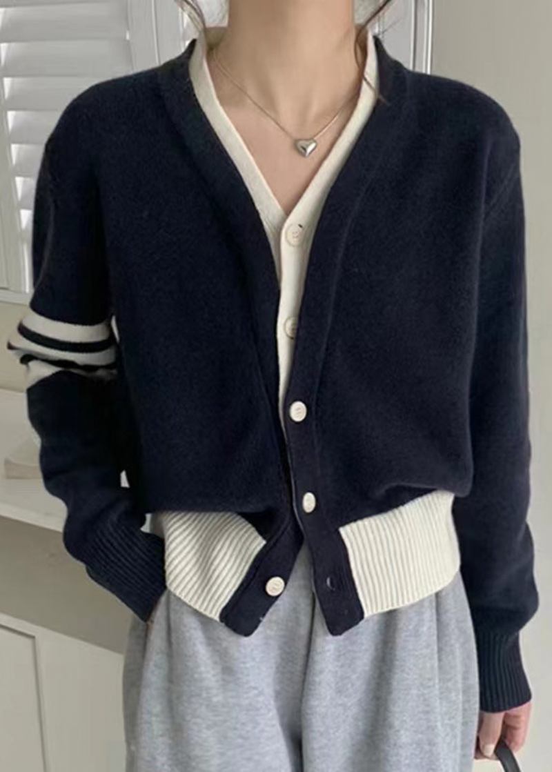 Neue Zweiteilige Dunkelblaue Falsche Baumwollstrickjacke Mit Knöpfen Herbst - Damen-Cardigans