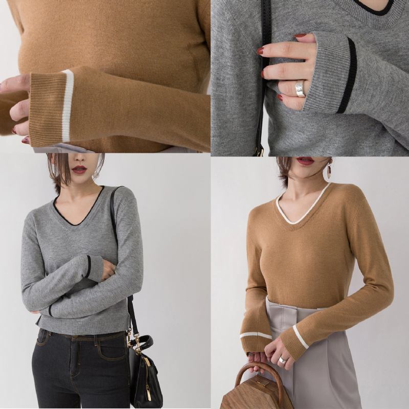 Neuer Kuscheliger Grauer Pullover Locker Sitzende Mit V-ausschnitt Elegante Seitlich Offene - braun