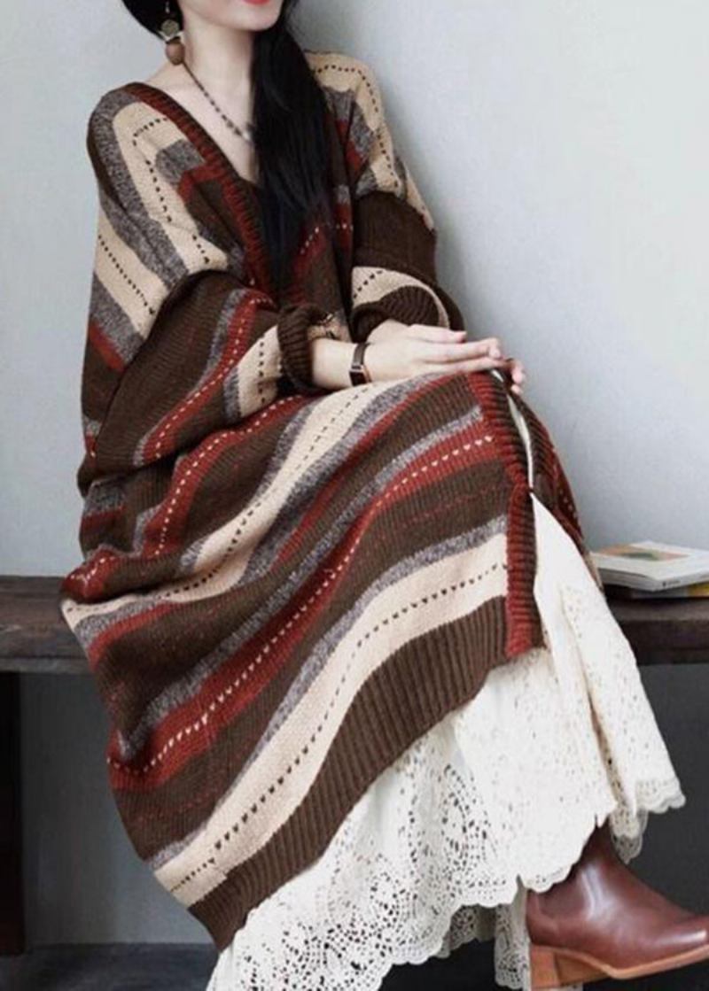 Neuer Lässiger Kaffeefarbener V-ausschnitt-strickmantel Mit Streifenmuster Und Knopfleiste Für Den Herbst - Damen-Cardigans