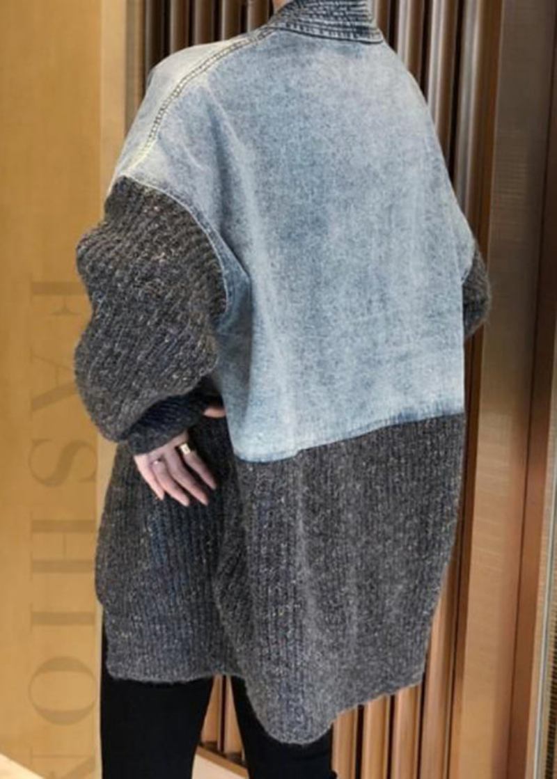 Neuer Locker Sitzender Gespleißter Denim-strickcardigan Im Herbst/winter 2024 - Damen-Cardigans