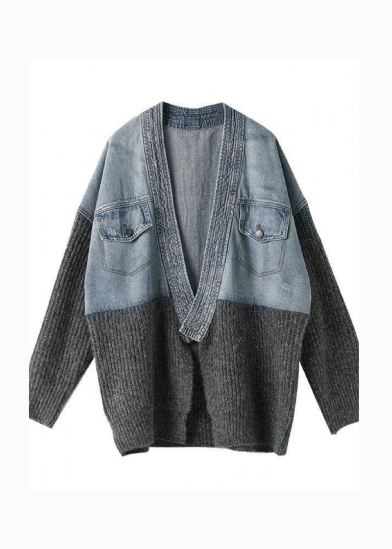 Neuer Locker Sitzender Gespleißter Denim-strickcardigan Im Herbst/winter 2024 - Damen-Cardigans