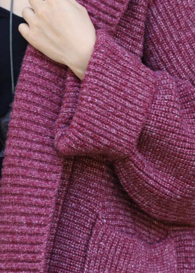 Niedlicher Übergroßer Roter Strickmantel Mit Kapuze Zwei Große Taschen Pullovermantel - Damen-Cardigans