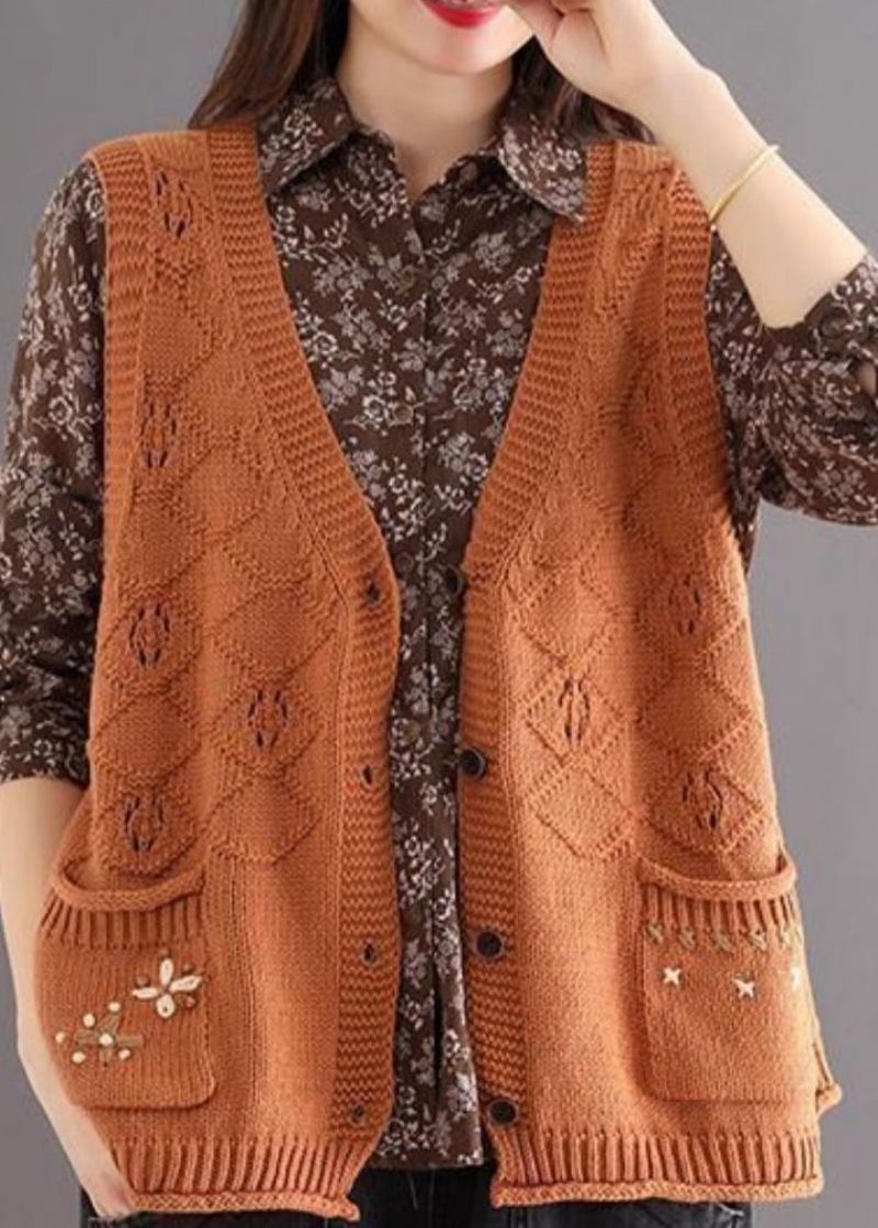 Orangefarbene Baumwollstrickweste Mit V-ausschnitt Und Knopftaschen Für Damen Ärmellos - Damen-Cardigans