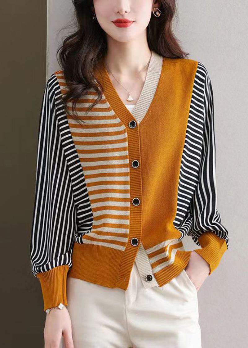 Orangefarbene Gemütliche Strickjacke Mit Knopfleiste V-ausschnitt Lange Ärmel