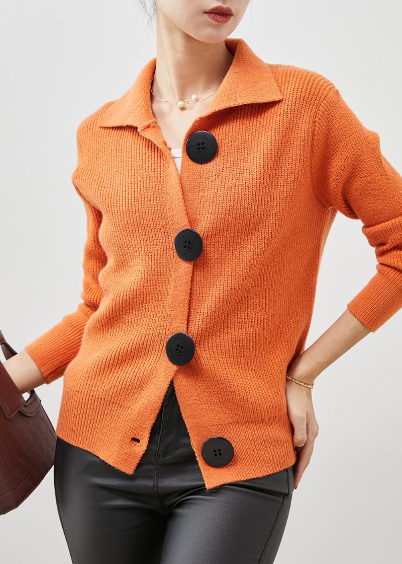 Orangefarbene Strickjacken Mit Peter-pan-kragen Für Damen Mit Button-down-muster Für Den Frühling