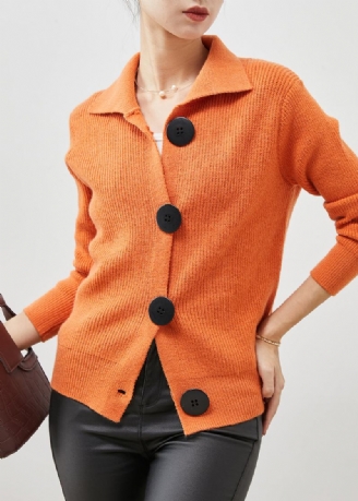 Orangefarbene Strickjacken Mit Peter-pan-kragen Für Damen Mit Button-down-muster Für Den Frühling