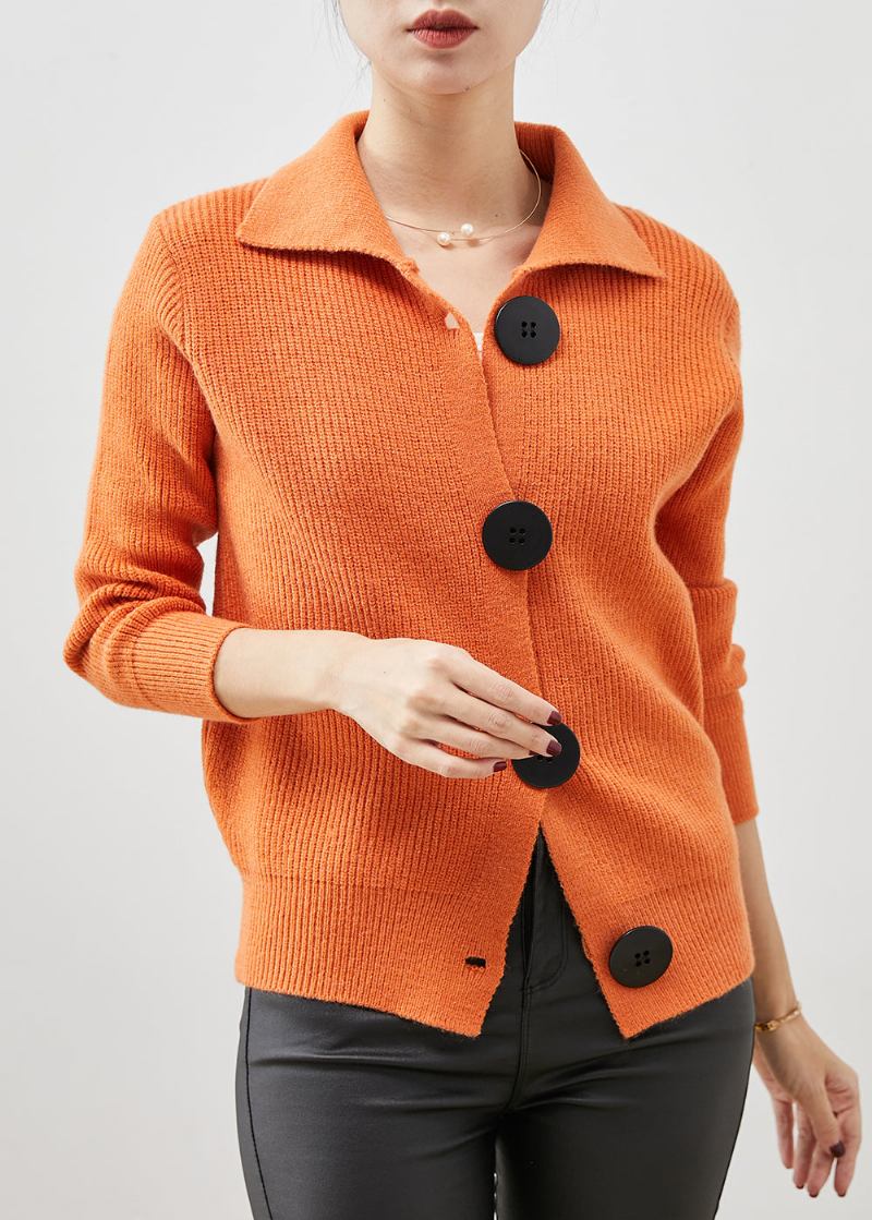 Orangefarbene Strickjacken Mit Peter-pan-kragen Für Damen Mit Button-down-muster Für Den Frühling - Damen-Cardigans