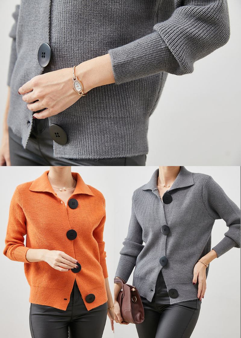 Orangefarbene Strickjacken Mit Peter-pan-kragen Für Damen Mit Button-down-muster Für Den Frühling - Damen-Cardigans