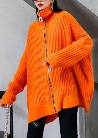 Orangefarbene Winter-strickoberteile Trendige Hochgeschlossene Strickbluse Mit Reißverschluss In Übergröße