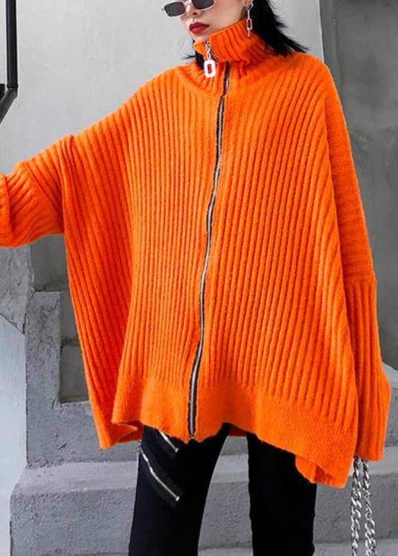 Orangefarbene Winter-strickoberteile Trendige Hochgeschlossene Strickbluse Mit Reißverschluss In Übergröße - Orange