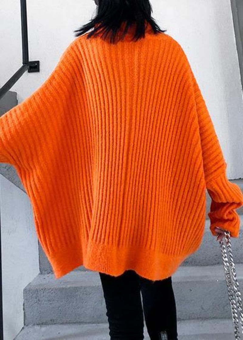 Orangefarbene Winter-strickoberteile Trendige Hochgeschlossene Strickbluse Mit Reißverschluss In Übergröße - Orange