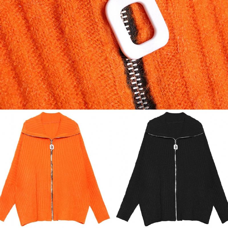 Orangefarbene Winter-strickoberteile Trendige Hochgeschlossene Strickbluse Mit Reißverschluss In Übergröße - Orange