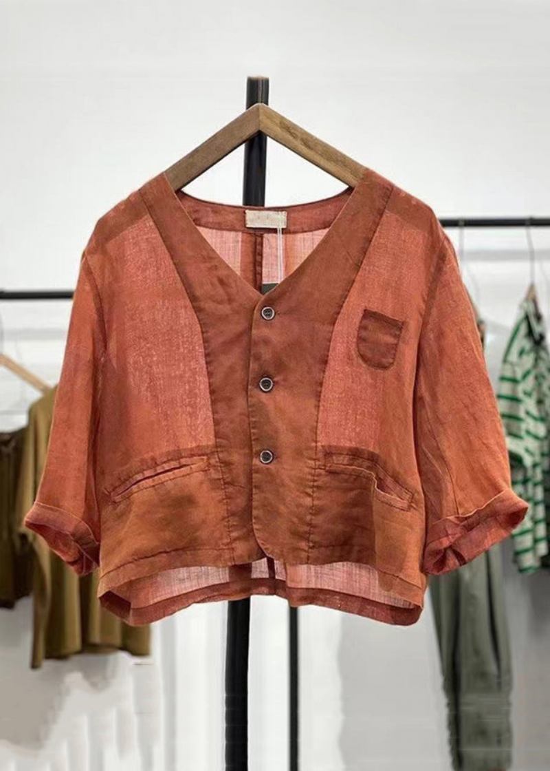 Orangefarbener Leinen-cardigan Mit Knopftaschen Für Damen Für Den Frühling