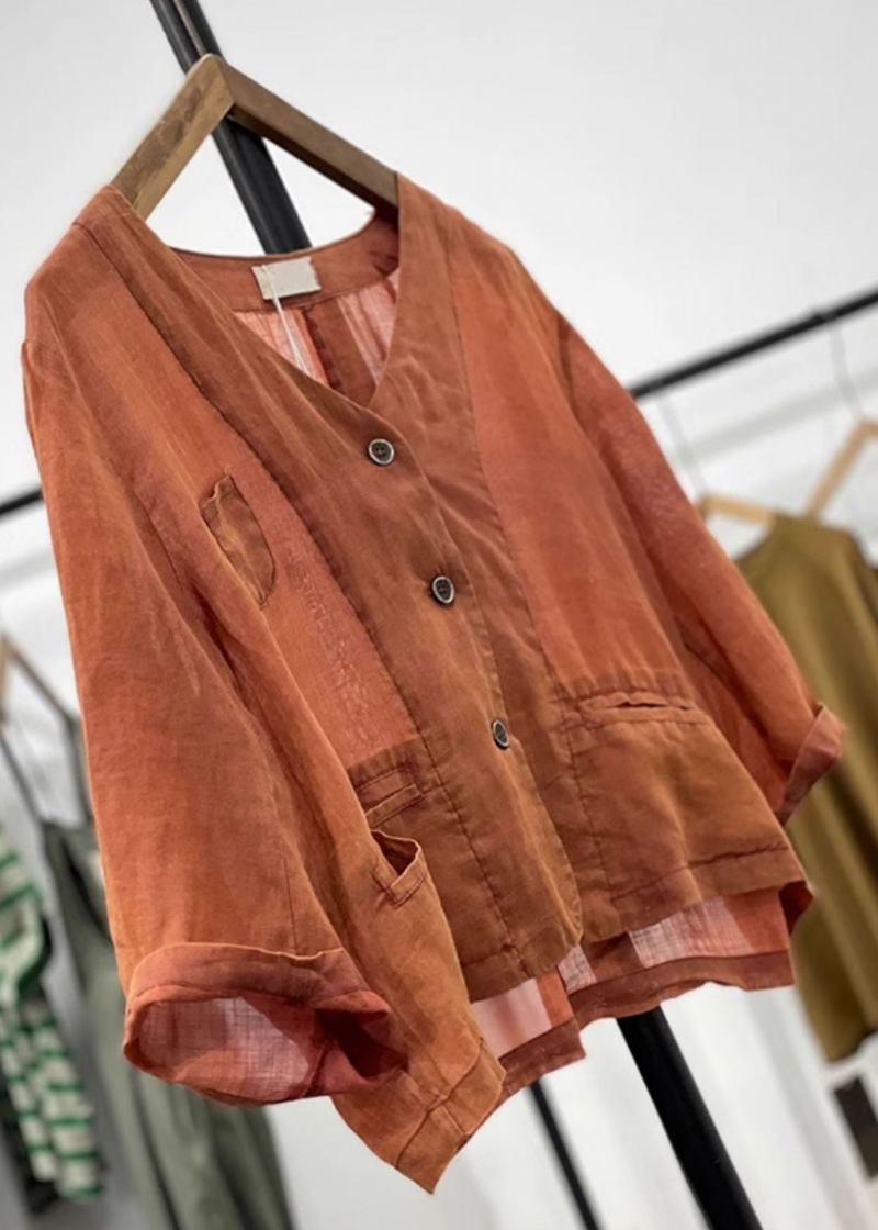 Orangefarbener Leinen-cardigan Mit Knopftaschen Für Damen Für Den Frühling - Damen-Cardigans