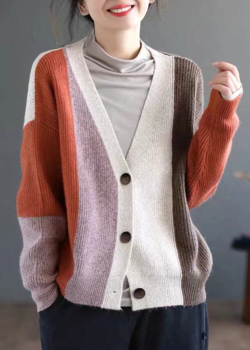 Orangefarbener Patchwork-strickcardigan Mit Farbblock Für Damen Herbst