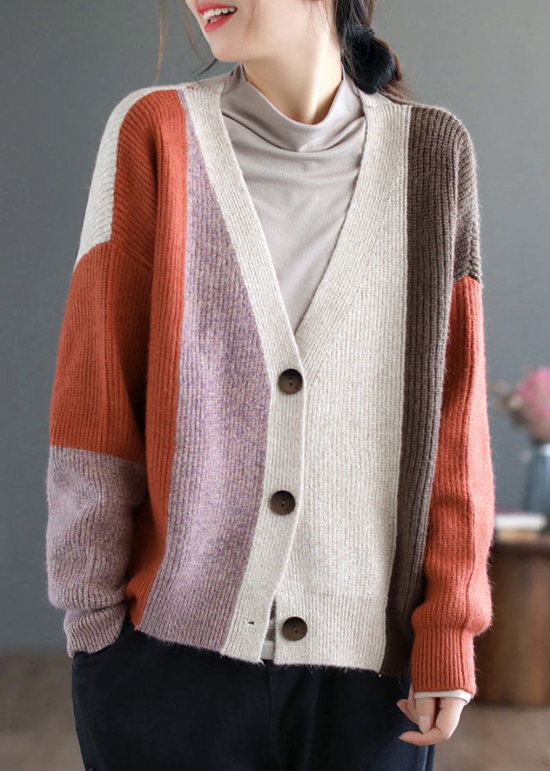 Orangefarbener Patchwork-strickcardigan Mit Farbblock Für Damen Herbst - Damen-Cardigans