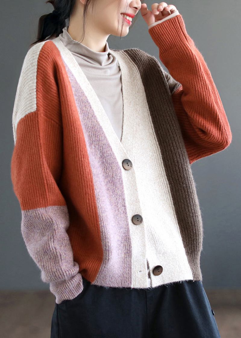 Orangefarbener Patchwork-strickcardigan Mit Farbblock Für Damen Herbst - Damen-Cardigans