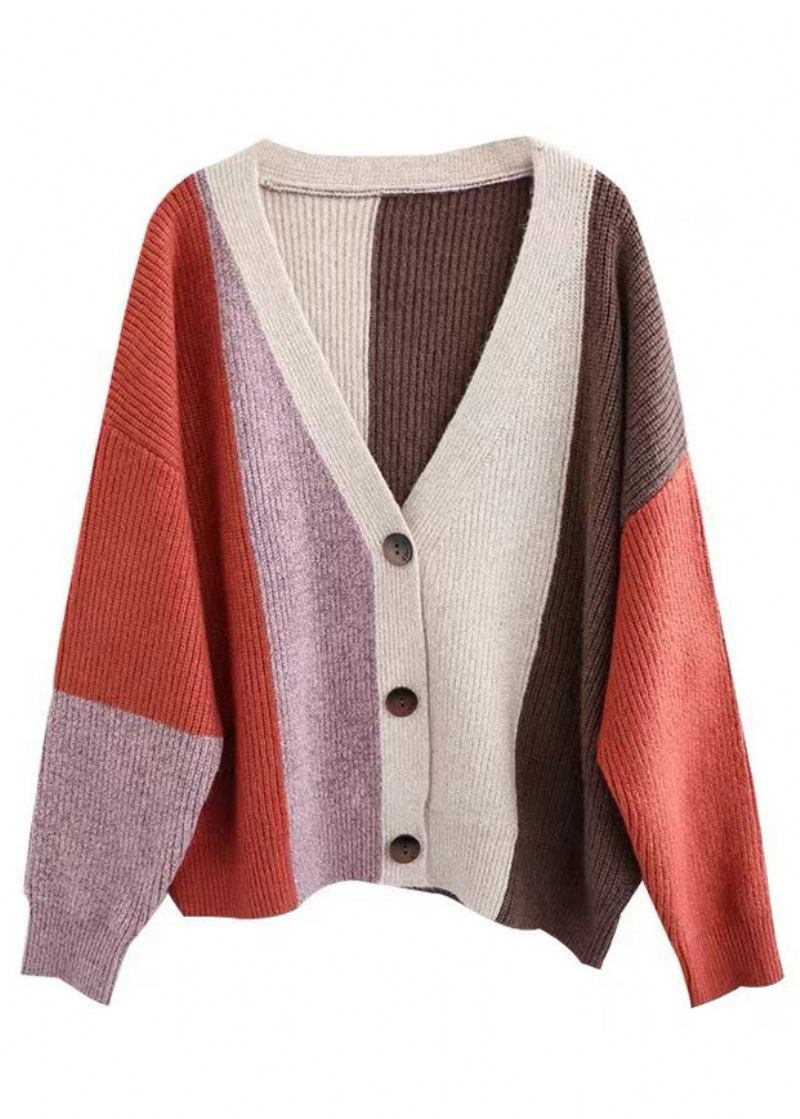 Orangefarbener Patchwork-strickcardigan Mit Farbblock Für Damen Herbst - Damen-Cardigans