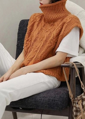 Orangefarbener Rollkragen-strickcardigan Für Damen Mit Kurzen Ärmeln