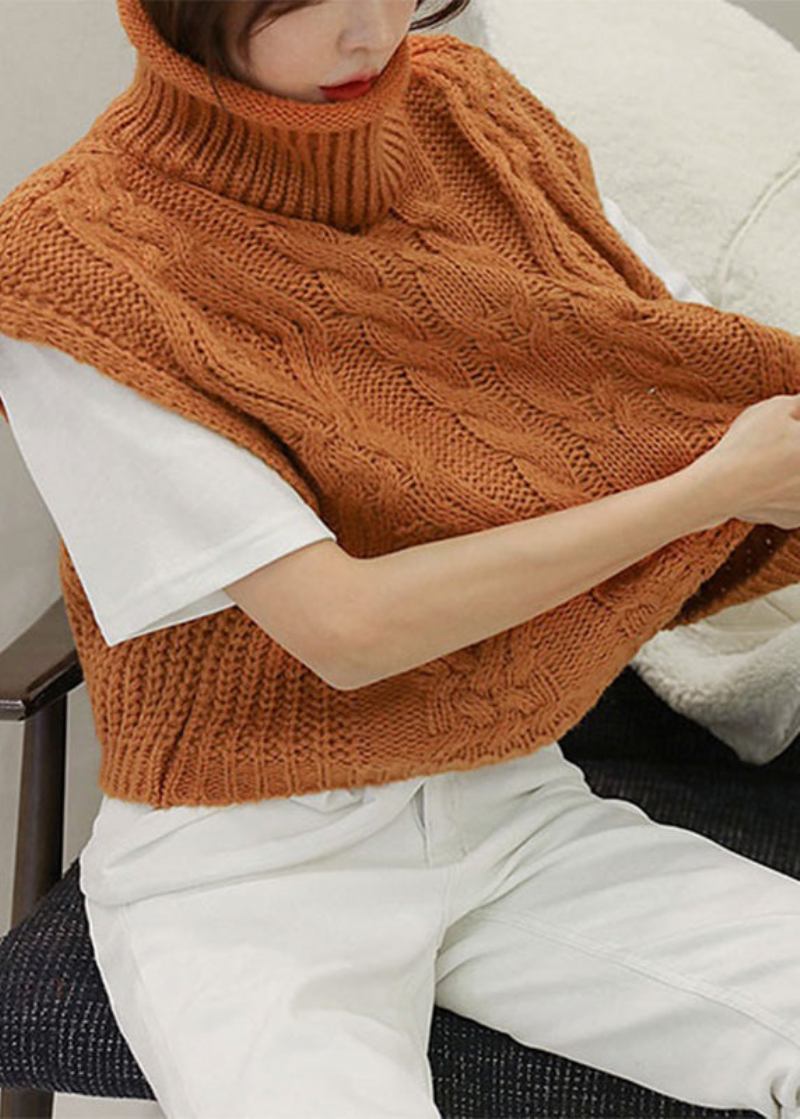 Orangefarbener Rollkragen-strickcardigan Für Damen Mit Kurzen Ärmeln - Orange