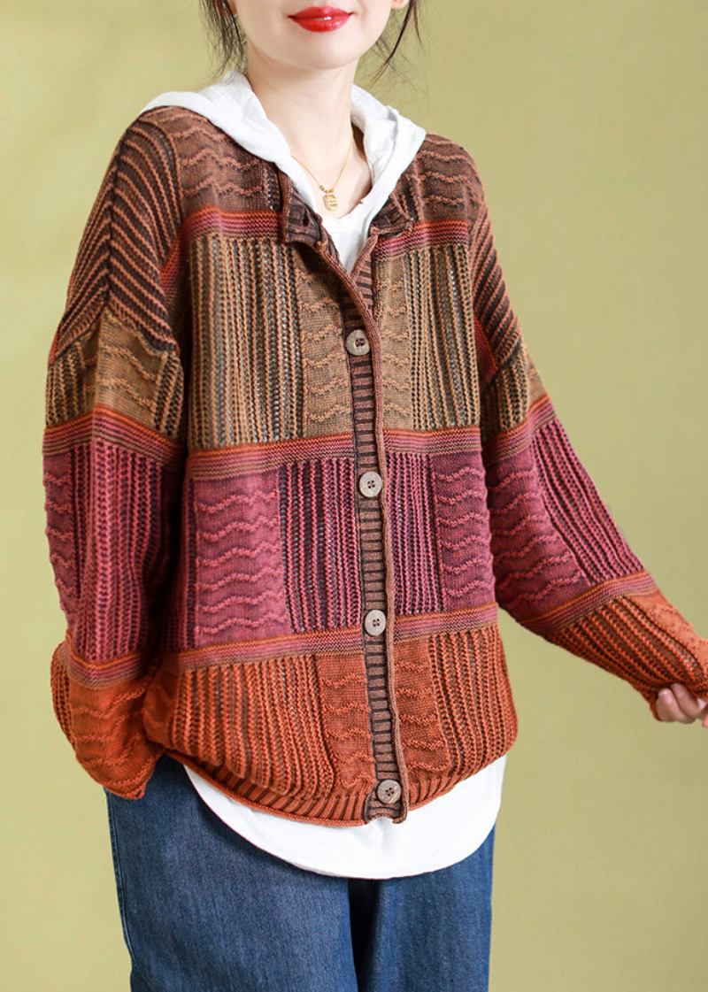 Orangefarbener Rundhals-strickcardigan Mit Patchwork-knöpfen Übergröße Frühling