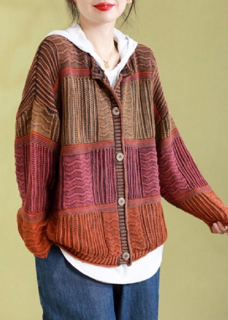 Orangefarbener Rundhals-strickcardigan Mit Patchwork-knöpfen Übergröße Frühling