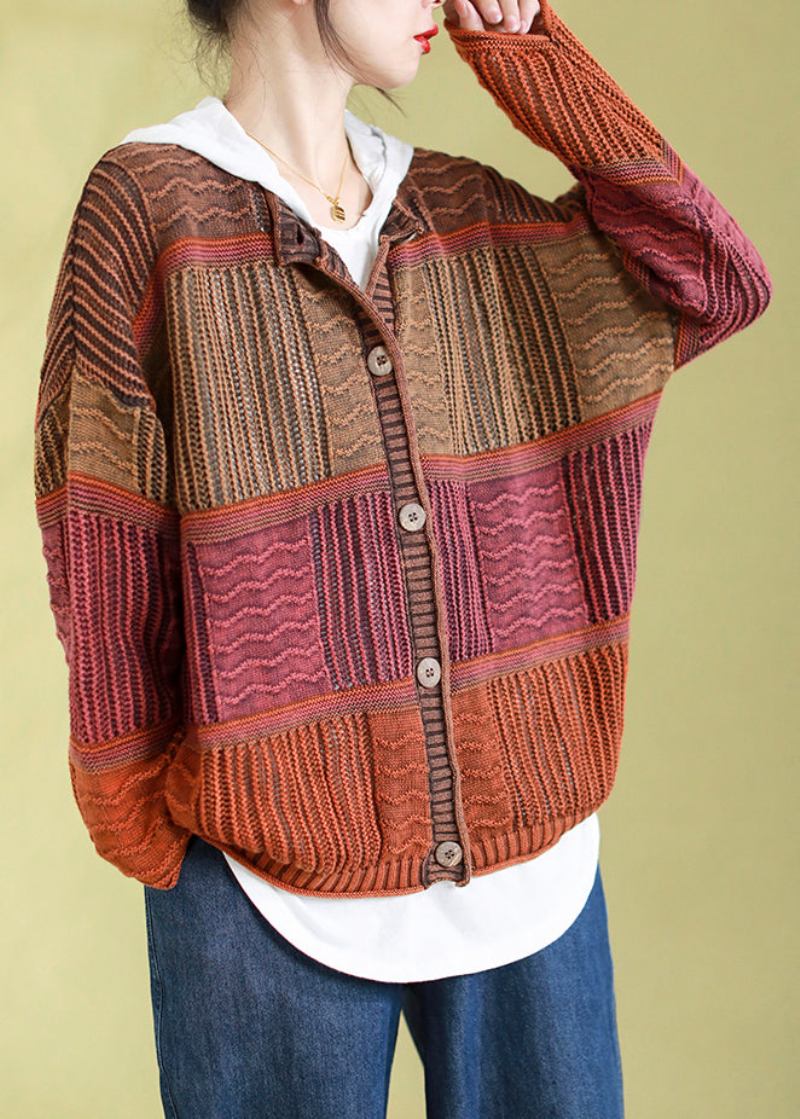 Orangefarbener Rundhals-strickcardigan Mit Patchwork-knöpfen Übergröße Frühling - Damen-Cardigans