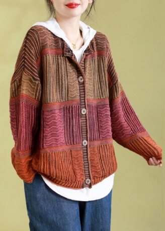 Orangefarbener Vintage-strickcardigan Aus Baumwolle Mit Rundhalsausschnitt Und Streifen Und Patchwork-knöpfen Frühling