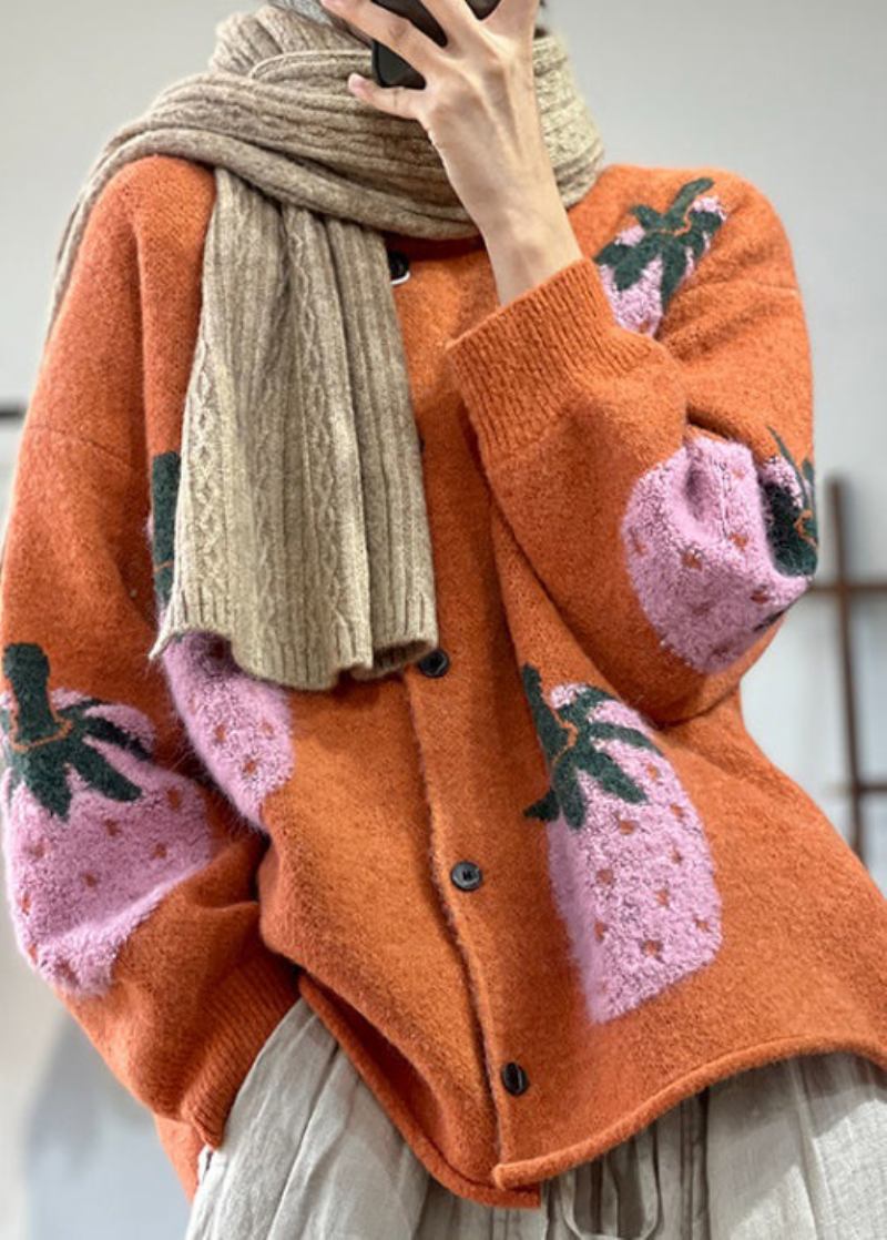 Organischer Orangefarbener Rundhals-jacquard-woll-cardigan Mit Fledermausärmeln - Damen-Cardigans