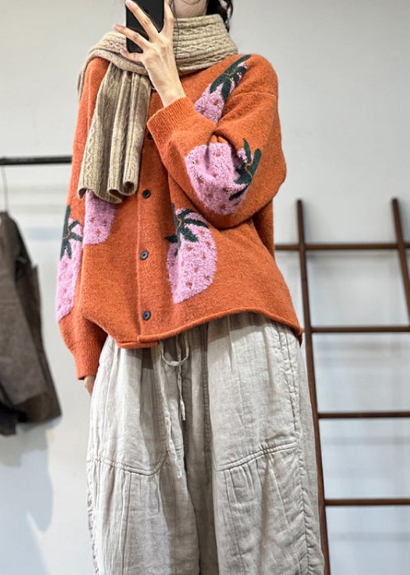 Organischer Orangefarbener Rundhals-jacquard-woll-cardigan Mit Fledermausärmeln - Damen-Cardigans