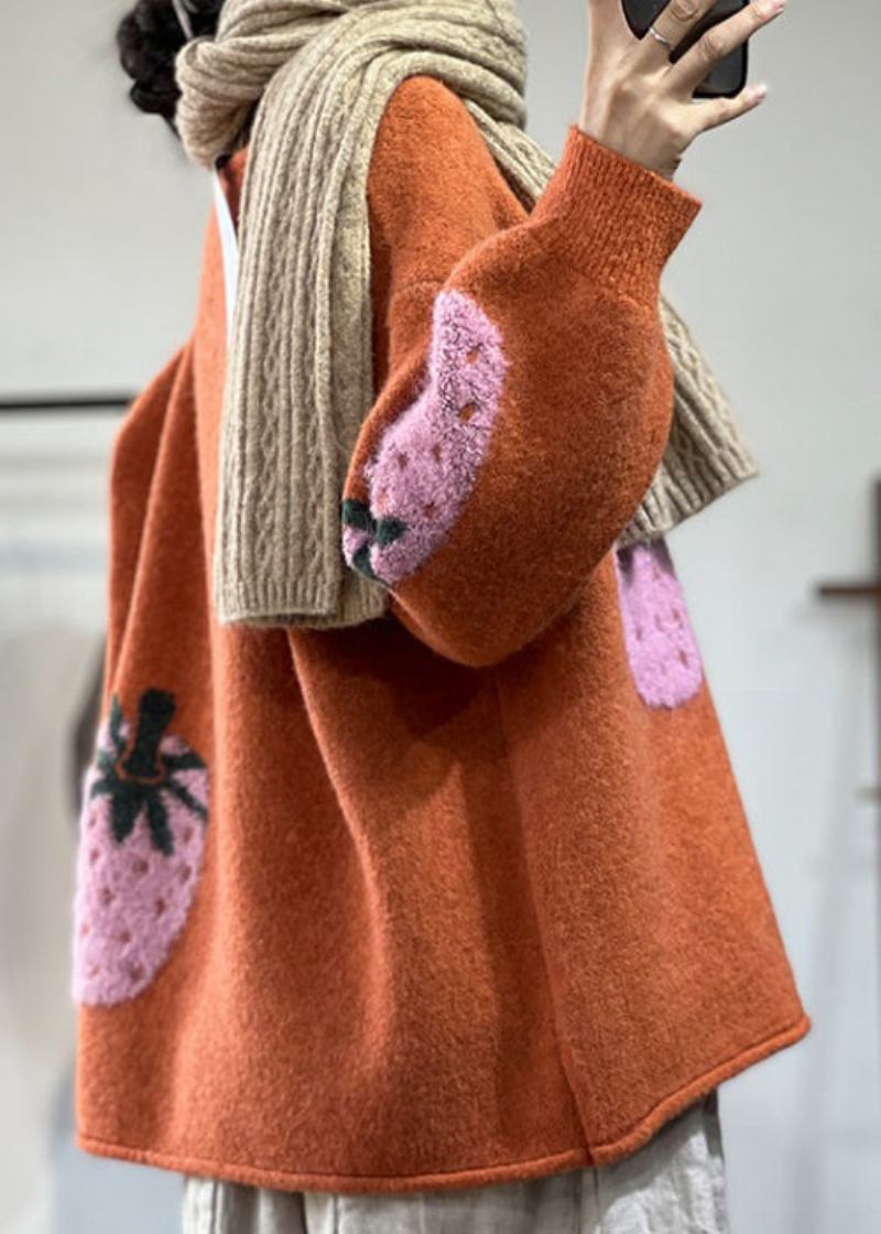 Organischer Orangefarbener Rundhals-jacquard-woll-cardigan Mit Fledermausärmeln - Damen-Cardigans