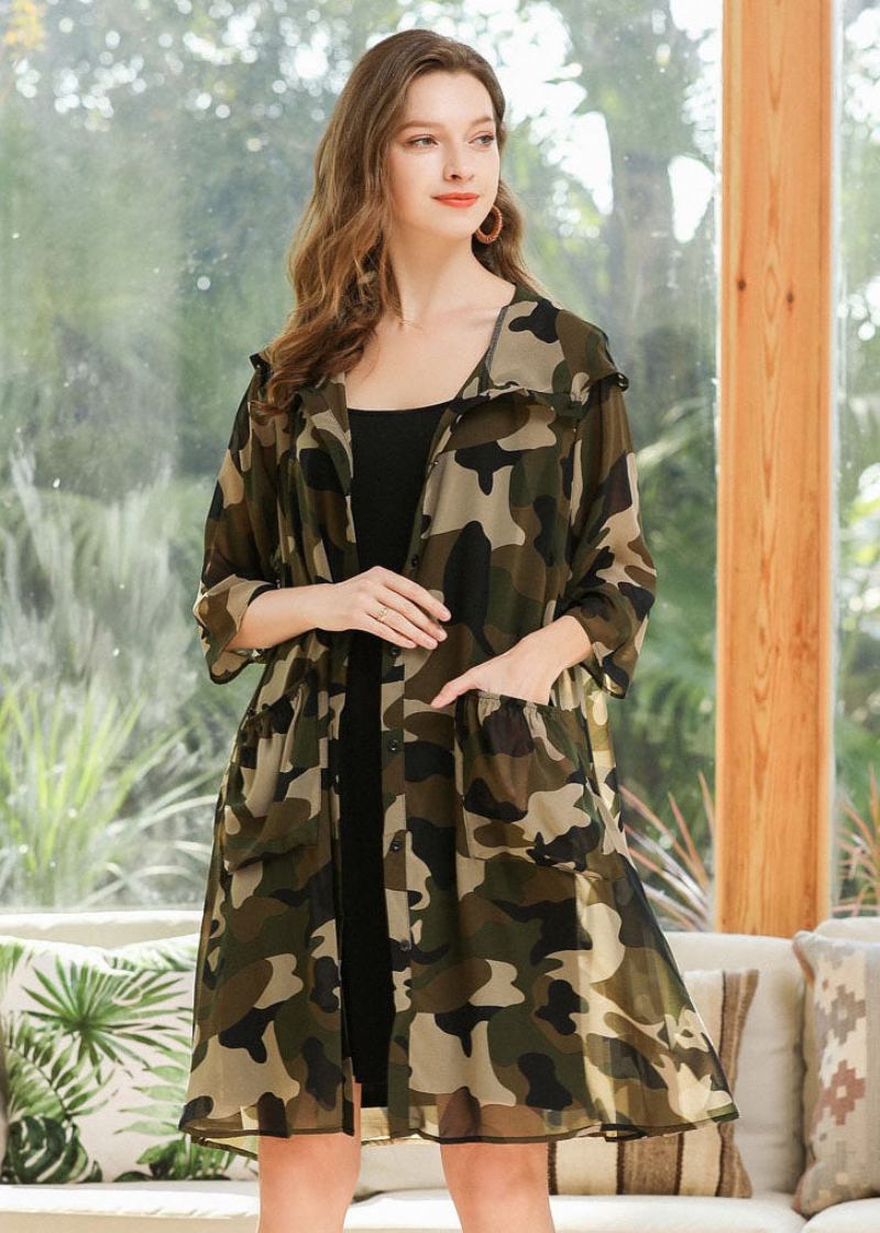 Plus Size Camouflage Kapuzendruck Chiffon Cardigan Sommer - Damen-Cardigans