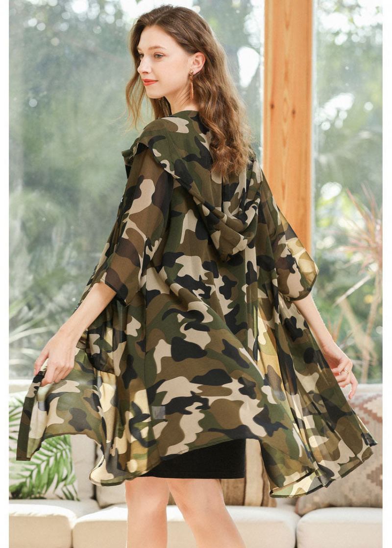 Plus Size Camouflage Kapuzendruck Chiffon Cardigan Sommer - Damen-Cardigans