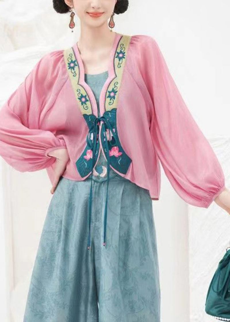 Rosa Bestickte Geschnürte Chiffon-strickjacken Mit Laternenärmeln Und Originellem Design - Damen-Cardigans