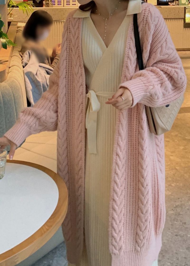 Rosa Dicker Langer Strickcardigan Mit V-ausschnitt Für Den Frühling - Rosa