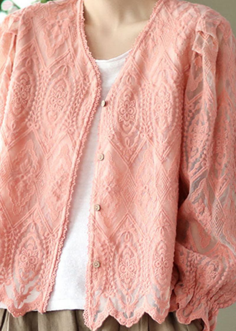 Rosa Patchwork Spitzen Cardigans V-ausschnitt Schlagärmel - Damen-Cardigans