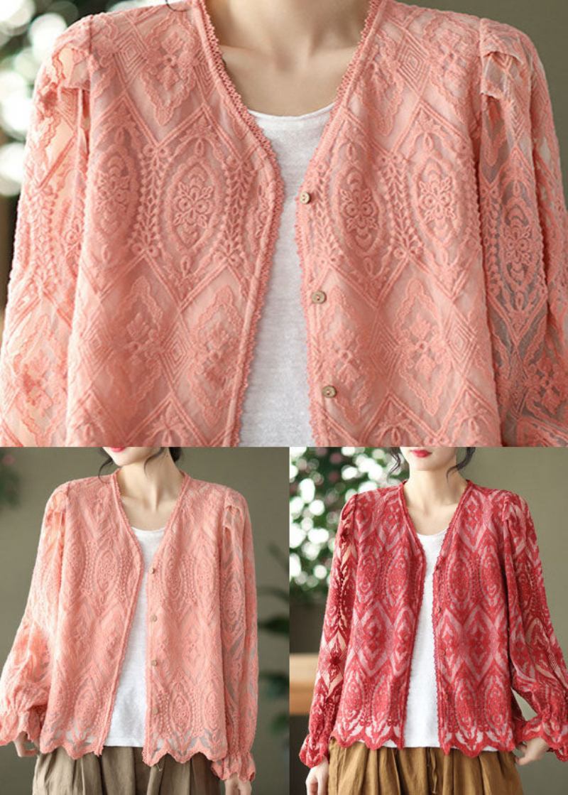 Rosa Patchwork Spitzen Cardigans V-ausschnitt Schlagärmel - Damen-Cardigans