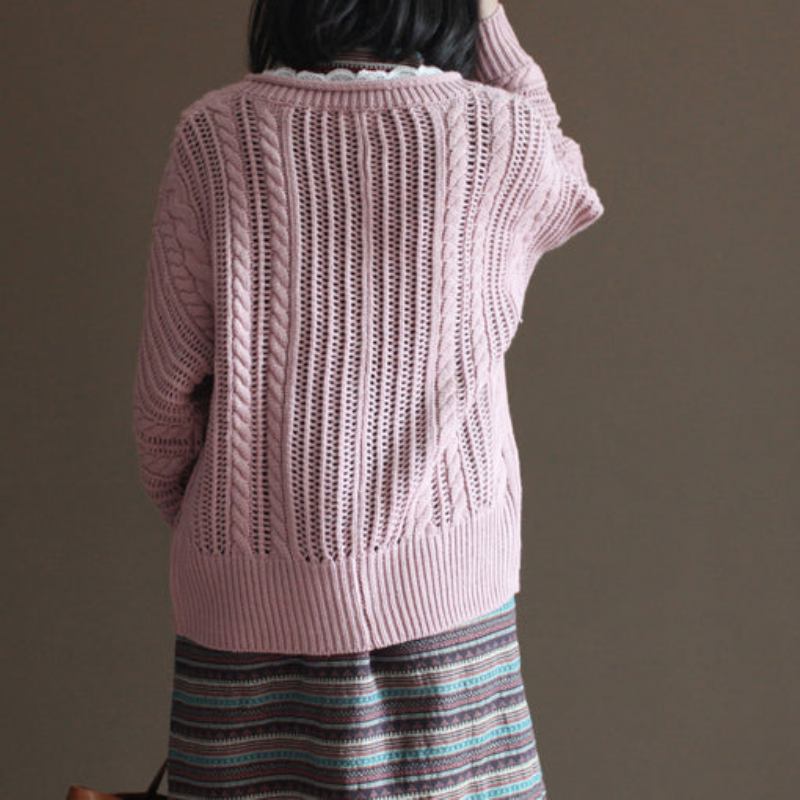 Rosa Vintage-baumwollpullover-oberteile Lockere Lässige Grob Gestrickte Spitzen-strickjacken - blau